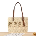 Beigefarbene Strohtasche mit braunen Ledergriffen und hohlem Webmuster für Damen - Beige