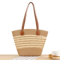 Large striped straw tote bag with brown faux leather handles for summer beach vacations - Brown Pattern (Brown)