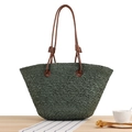 Große dunkelgrüne Strohtasche mit braunen Ledergriffen für den Sommerurlaub am Strand - Grün (Groß)