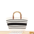 Borsa tote intrecciata a righe con manici in bambù e spazioso design bianco e nero - Bianco (Strisce Nere)