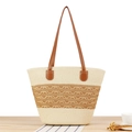 Handwoven striped straw tote bag in beige and brown with elegant leather handles - Brown Pattern (Beige)