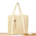 Beige gewebte Tragetasche aus Papierseil mit Holzperlen-Quasten für den Strandurlaub - Beige