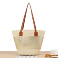 Gestreifte Strohtasche in Cremeweiß mit goldenen Linien und braunen Lederriemen - Roségoldene Streifen (Beige)