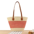 Handwoven straw tote bag with red stripes and brown leather shoulder straps - Red Stripes (Beige)