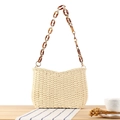 Chic beige woven straw shoulder bag with amber acrylic chain strap and wood decor - Beige