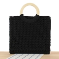 Minimalistische schwarze gewebte Baumwollhandtasche mit runden Holzgriffen für den Alltag - Schwarz