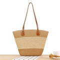 Striped woven straw tote bag with brown leather handles and large capacity design - White Striped