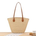 Gestreifte Stroh-Tragetasche mit braunen Ledergriffen und Fransen in Beige und Braun - Beige & Braun