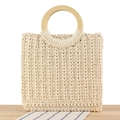 Minimalistische beige Baumwollseil-Webtasche mit runden Holzgriffen für Damen - Beige