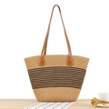 Striped woven straw tote bag with brown leather straps for beach holidays and daily use - Black Stripe