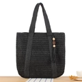 Schwarze gewebte Shopper-Tasche aus Papierschnur mit Quastenanhänger für Strand und Alltag - Schwarz