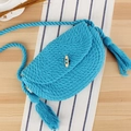 Handgewebte blaue Baumwolltasche mit Quasten und Holzknopf für den Strandurlaub am Meer - Blau