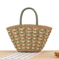 Borsa tote in paglia intrecciata a mano in verde e crema con manico vintage - Verde
