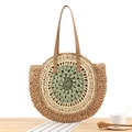 Borsa a spalla rotonda in paglia intrecciata a mano in kaki, panna e verde salvia - Verde