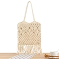 Sac fourre-tout en coton beige macramé avec franges de style bohème - Blanc Cassé