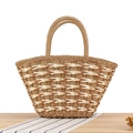 Borsa tote in paglia intrecciata a mano bicolore beige con manici robusti - Cammello