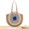 Borsa a spalla rotonda in corda di carta con motivo circolare blu e manici in pelle - Blu