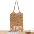 Sac cabas bohème en corde de coton beige tissé à la main avec détails de pompons doux - Camel