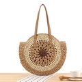 Borsa a spalla rotonda in paglia intrecciata beige e marrone con manici in pelle da mare - Marrone Scuro