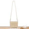 Beige pearl-decorated woven straw crossbody bag with handmade paper rope and strap - Beige
