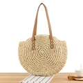 Natürliche beige runde Schultertasche aus Papierseil mit braunen Kunstlederriemen - Beige