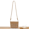 Handwoven paper rope crossbody bag with pearl embellishments and long strap for summer vacation - Camel