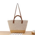 Borsa tote bohémien intrecciata a scacchi con manici in pelle marrone capiente - Marrone Scuro