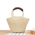 Borsa a mano in paglia color crema con manici in pelle marrone per le vacanze - Beige
