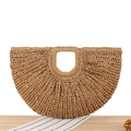 Handwoven crescent straw handbag with integrated square handle in a natural beige finish - Camel