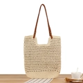 Sac fourre-tout en crochet crème fait main avec anses en cuir marron et rivets - Style à fermeture éclair / Beige