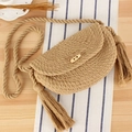 Sac bandoulière bohème en corde de coton tressé marron clair avec pompons et bouton bois - Chameau
