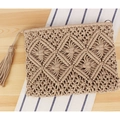 Khaki Makramee gewebte Clutch mit Baumwollfransen und Boho Diamantmuster - Grau