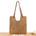 Handgefertigte gewebte Baumwollseil-Tote Bag in Hellbraun mit braunen Kunstledergriffen - Magnetverschluss / Camel
