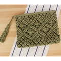 Olive green woven cotton clutch bag with bohemian tassels for beach vacations - Army Green