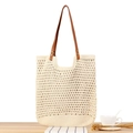 Sac fourre-tout en coton crème fait main avec anses contrastées en cuir marron - Fermeture Magnétique / Beige