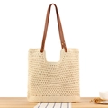 Beigefarbene Baumwoll-Stofftasche mit braunen Ledergriffen und Häkelmuster - Reißverschluss-Stil / Beige