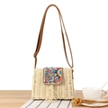 Bohemian paper straw crossbody bag with colorful handmade beads and fringe tassels - Beige