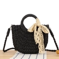 Halbrunde schwarze Web-Strandtasche mit beigefarbener Spitze und Rundgriff - Schwarz mit Spitzenband