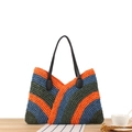 Borsa tote intrecciata a mano a righe arancio blu verdi con tracolla in pelle - Colori Misti (Arancione/Blu/Verde)