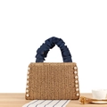 Handmade straw tote bag with white pearl trim and navy blue ruffled handles for beach vacation - Camel