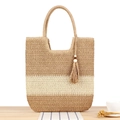 Bolso tote de paja tejido a mano con bloques de color beige y detalle de borla - Camel