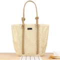 Große cremeweiße Strohtasche mit braunen Seilgriffen für den sommerlichen Strandbesuch - Beige + Braune Träger