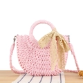 Rosa gewebte halbrunde Strandtasche mit Spitzenschleife und Schultergurt - Rosa mit Spitzenband