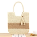Elegante bolso de paja trenzada en crema y marrón con borla de cuentas de madera - Beige