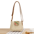 Borsa a tracolla in paglia crema con motivi di perline colorate e cinturino in pelle - Beige