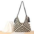 Bolso tote tejido a cuadros blancos y negros con borlas y bolsa guardapolvo en mesa - Negro (Con Forro)