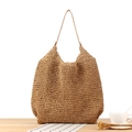 Bolso tote de cuerda de papel trenzado marrón con correas finas de cuero para playa - Camel