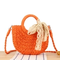 Bright orange semi-circle woven beach bag with lace bow and versatile shoulder strap - Orange with Lace Ribbon