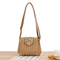 Borsa a tracolla in paglia intrecciata con ricamo arcobaleno e cinturino in pelle marrone - Cammello