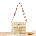 Stroh-Umhängetasche in Beige mit braunem Holzstern-Knopf und langen Fransen - Beige